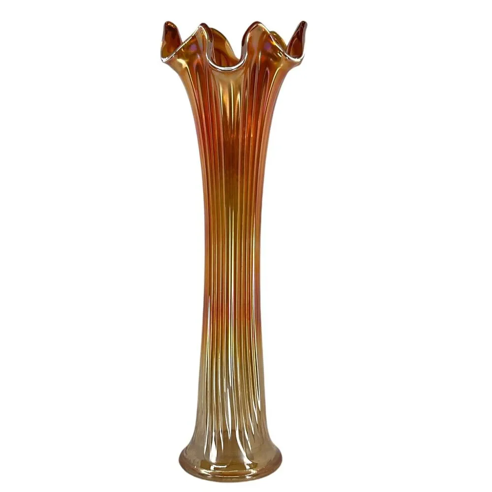 Marigold Fenton Swung Glass Vase Carnival Glass Amber Orange Ribbed Six Fingered
